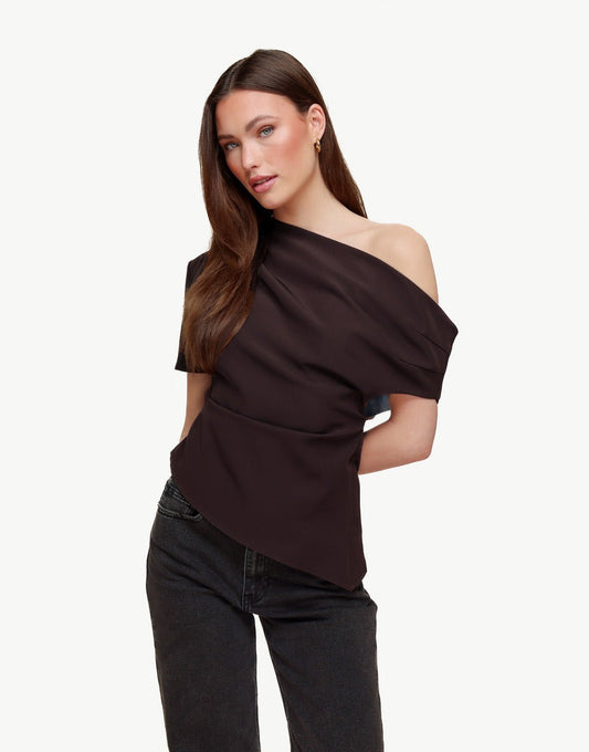 Donkerbruine Gedrapeerde Off Shoulder SS - Top - Olivia & Kate