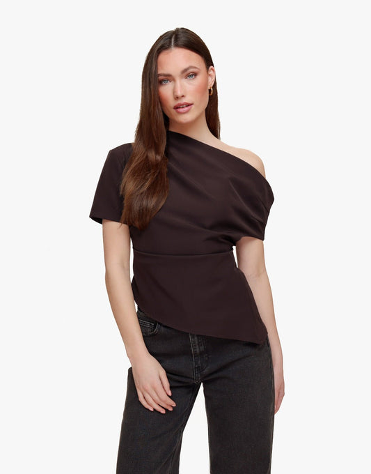 Donkerbruine Gedrapeerde Off Shoulder SS - Top - Olivia & Kate