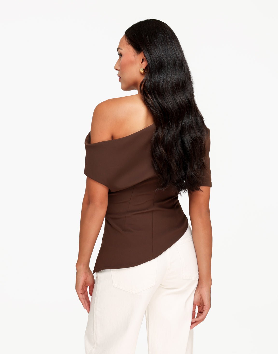 Donkerbruine Gedrapeerde Off Shoulder SS - Top - Olivia & Kate