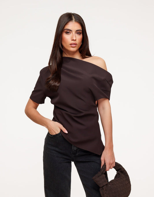Donkerbruine Gedrapeerde Off Shoulder SS - Top - Olivia & Kate