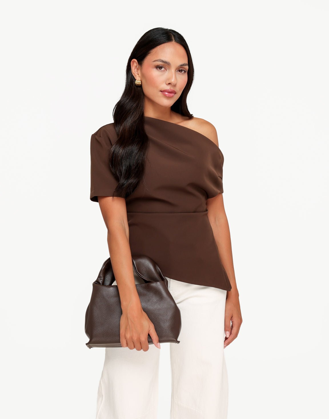 Donkerbruine Gedrapeerde Off Shoulder SS - Top - Olivia & Kate