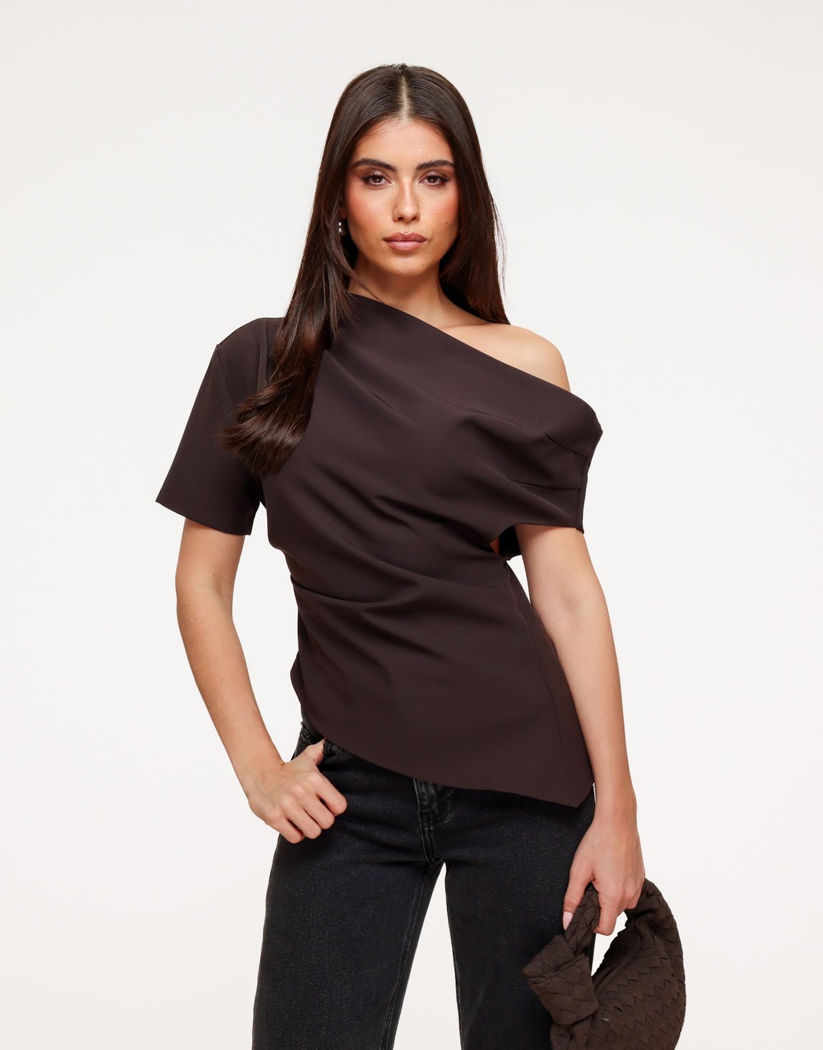 Donkerbruine Gedrapeerde Off Shoulder SS - Top - Olivia & Kate