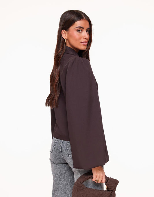 Donkerbruine Gemêleerde Pofmouwen Wikkel - Blazer - Olivia & Kate