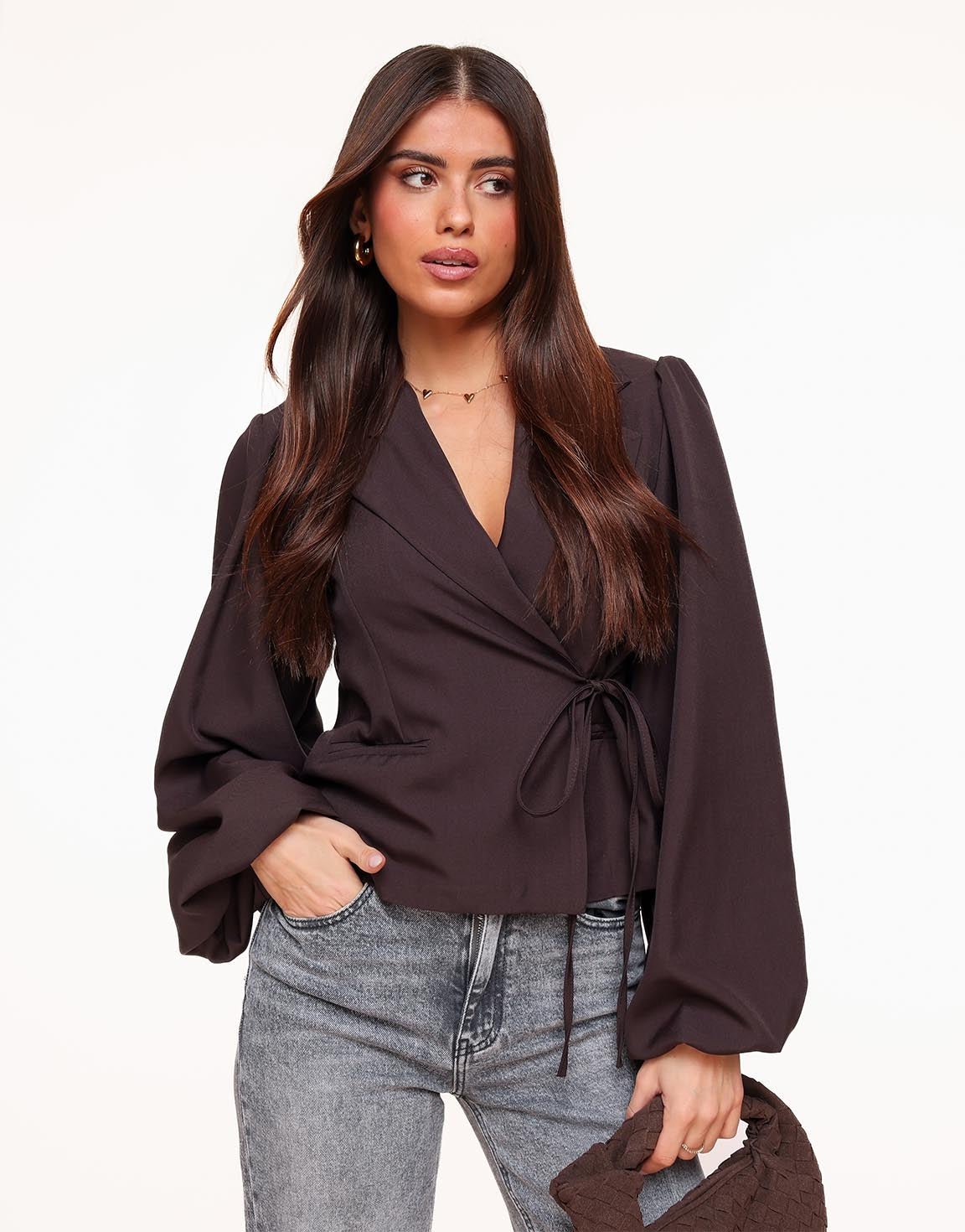 Donkerbruine Gemêleerde Pofmouwen Wikkel - Blazer - Olivia & Kate