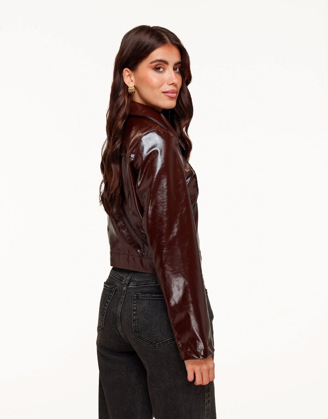 Donkerbruine Glanzende Getailleerde PU Leren - Jas - Olivia & Kate