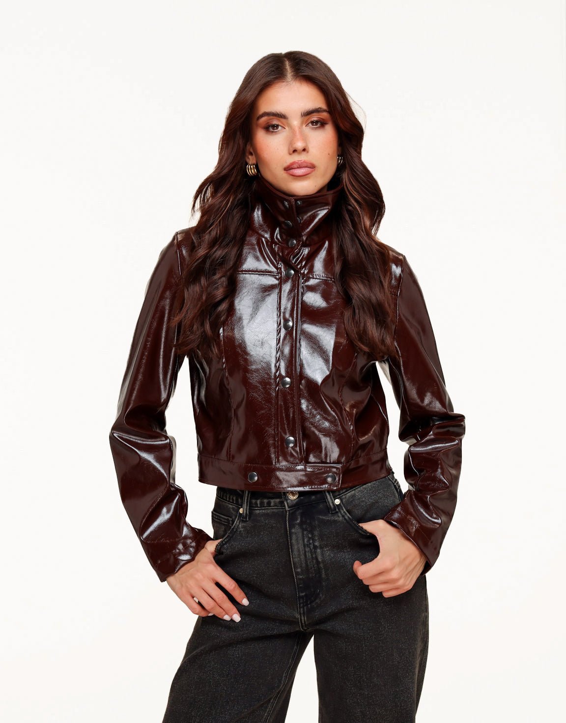 Donkerbruine Glanzende Getailleerde PU Leren - Jas - Olivia & Kate