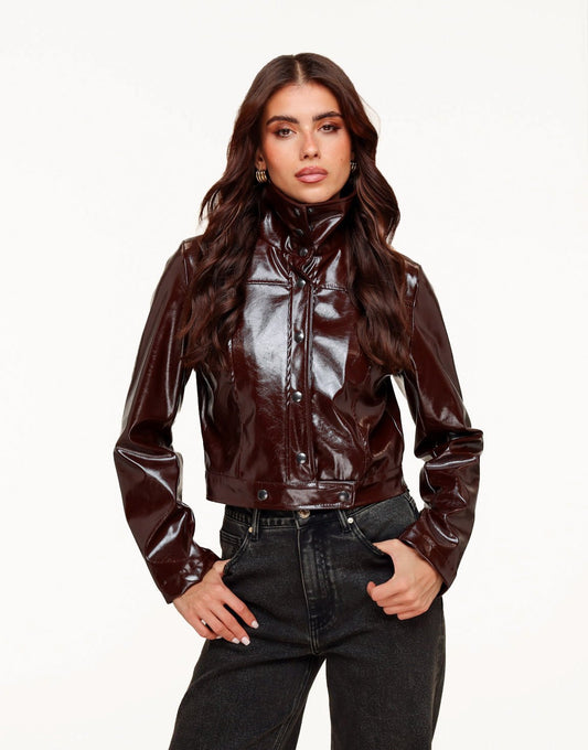 Donkerbruine Glanzende Getailleerde PU Leren - Jas - Olivia & Kate