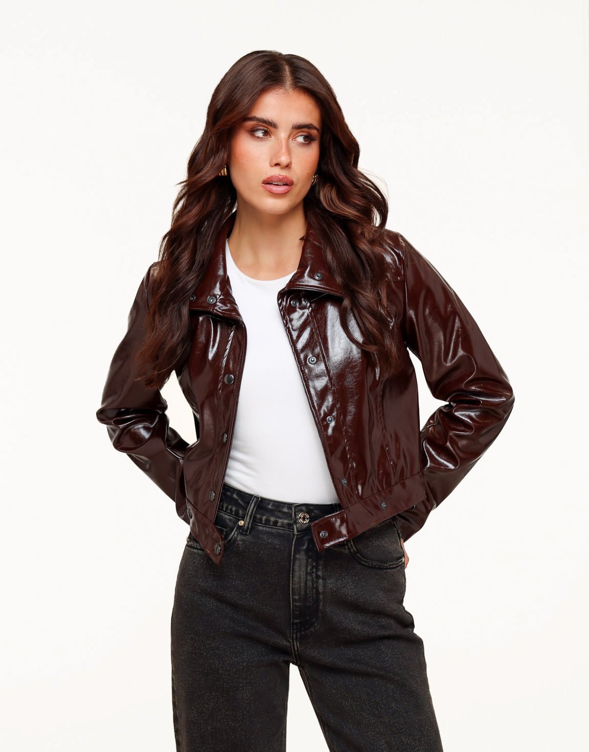 Donkerbruine Glanzende Getailleerde PU Leren - Jas - Olivia & Kate