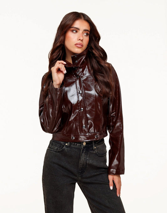 Donkerbruine Glanzende Getailleerde PU Leren - Jas - Olivia & Kate