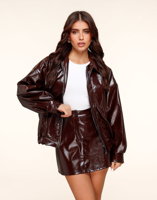 Donkerbruine Glanzende PU Leren Bomber - Jas - Olivia & Kate