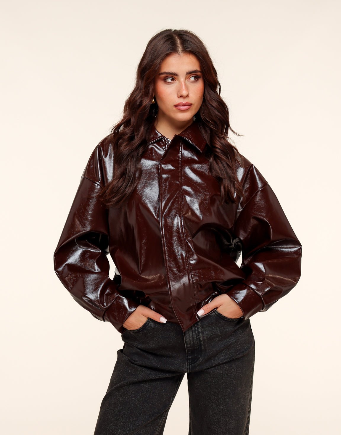 Donkerbruine Glanzende PU Leren Bomber - Jas - Olivia & Kate