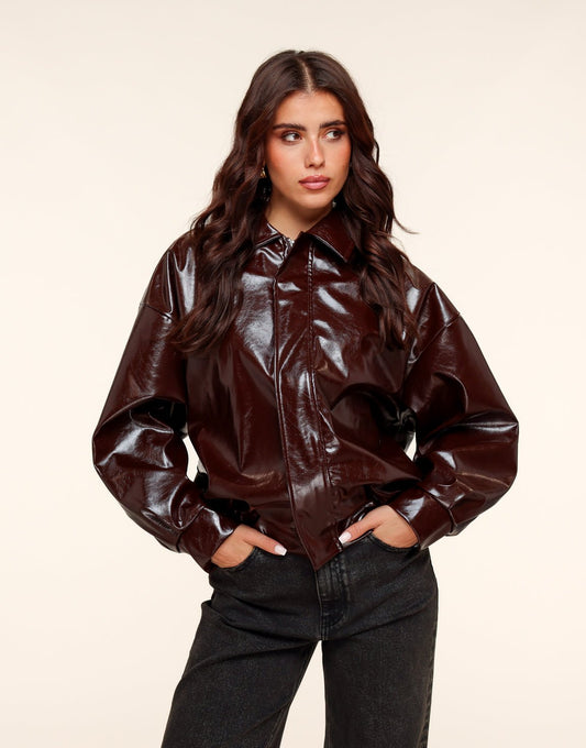 Donkerbruine Glanzende PU Leren Bomber - Jas - Olivia & Kate