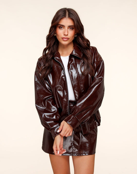 Donkerbruine Glanzende PU Leren Bomber - Jas - Olivia & Kate