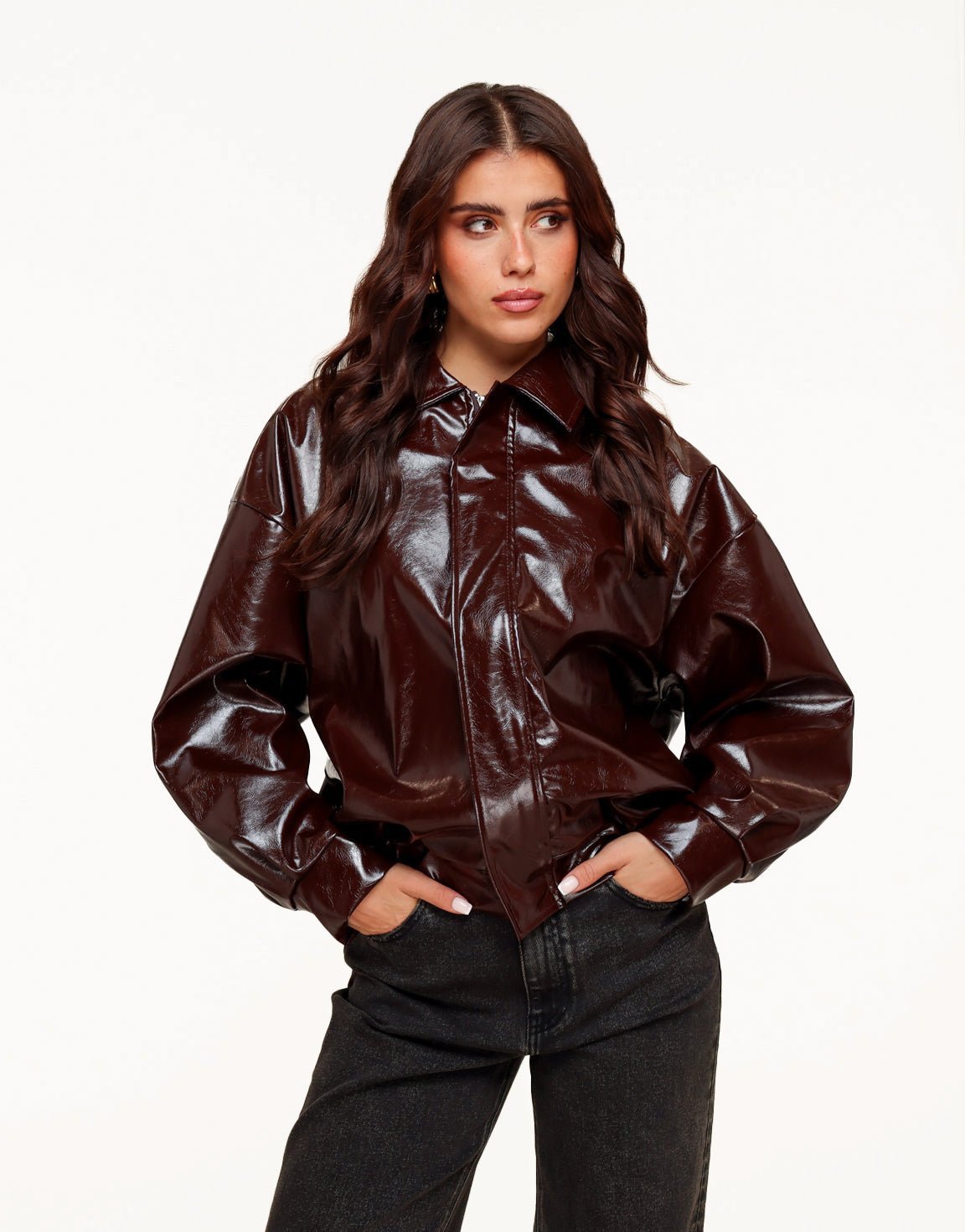 Donkerbruine Glanzende PU Leren Bomber - Jas - Olivia & Kate