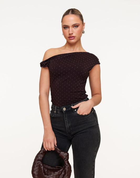 Donkerbruine Glitter One Shoulder - Top - Olivia & Kate
