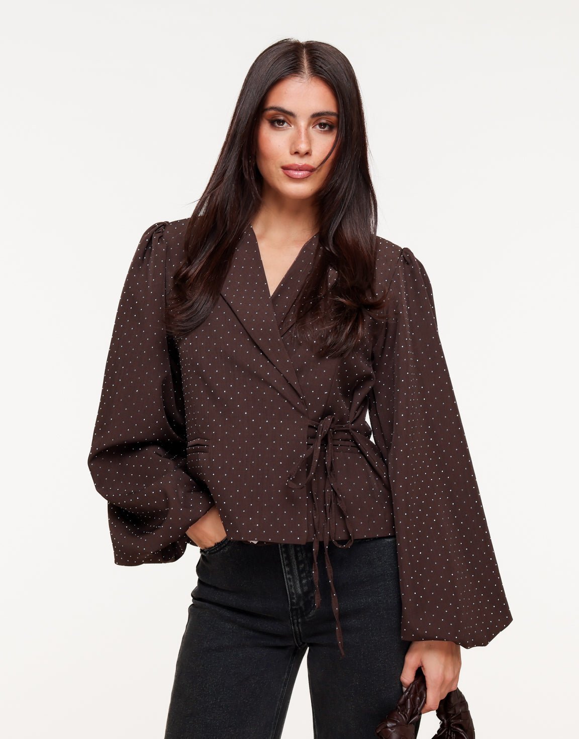 Donkerbruine Glitter Stenen Pofmouwen Wikkel - Blazer - Olivia & Kate