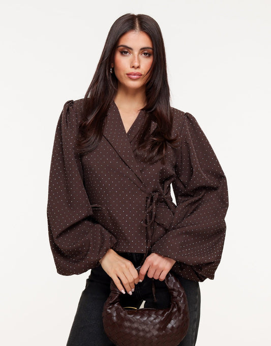 Donkerbruine Glitter Stenen Pofmouwen Wikkel - Blazer - Olivia & Kate