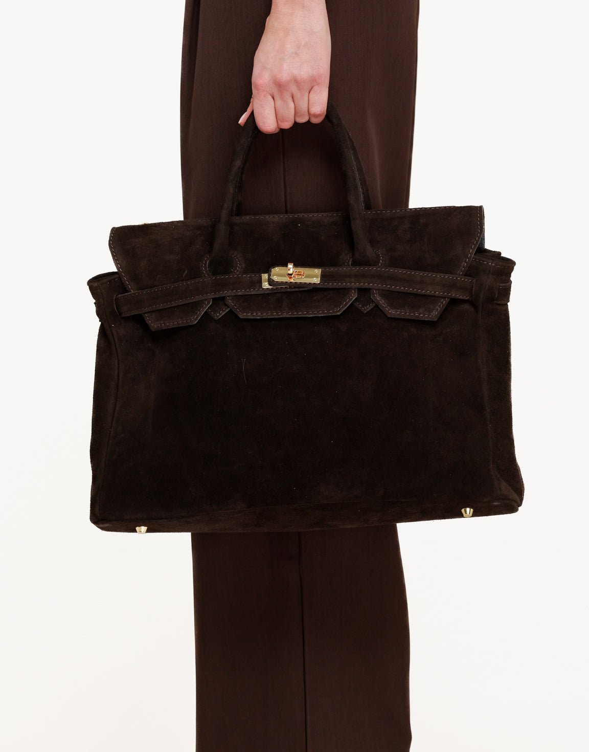 Donkerbruine Grote Suede Gouden Detail - Tas - Olivia & Kate