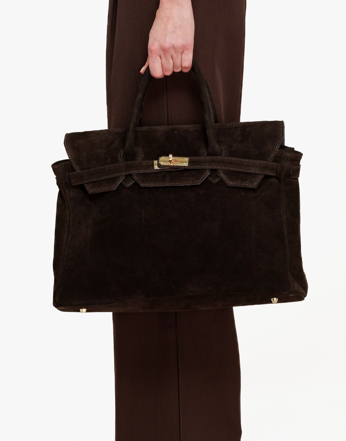 Donkerbruine Grote Suede Gouden Detail - Tas - Olivia & Kate