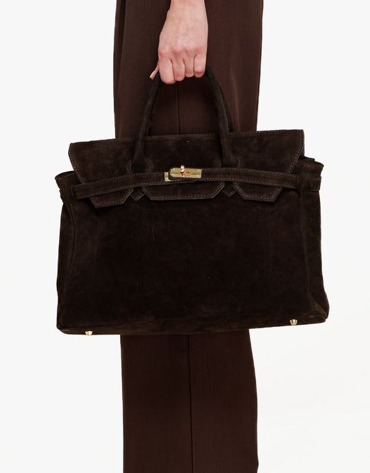 Donkerbruine Grote Suede Gouden Detail - Tas - Olivia & Kate