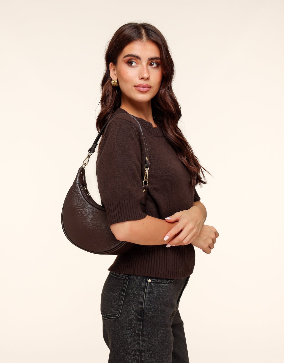 Donkerbruine Half Ronde Leren - Tas - Olivia & Kate