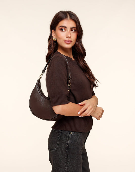 Donkerbruine Half Ronde Leren - Tas - Olivia & Kate