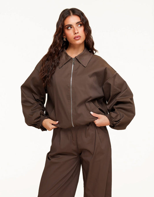 Donkerbruine Hoge Kraag Bomber - Jas