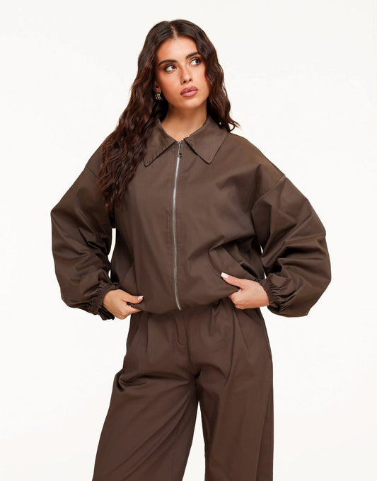 Donkerbruine Hoge Kraag Bomber - Jas - Olivia & Kate