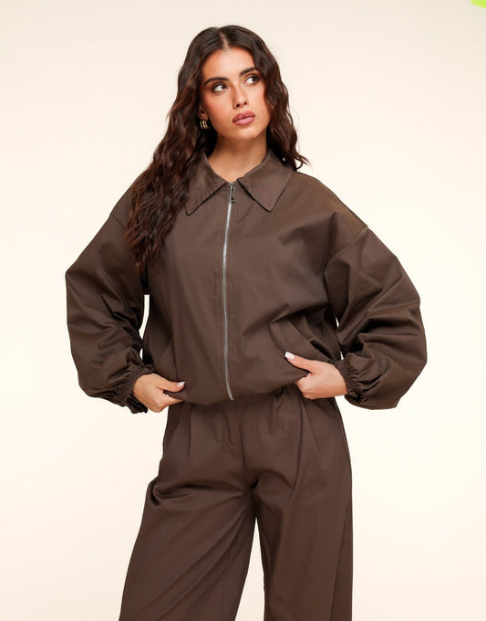 Donkerbruine Hoge Kraag Bomber - Jas - Olivia & Kate