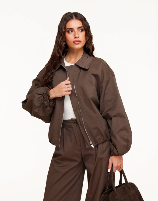 Donkerbruine Hoge Kraag Bomber - Jas - Olivia & Kate