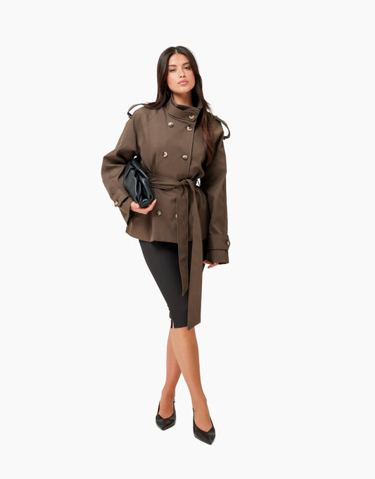 Donkerbruine Hoge Kraag Gestrikte Ceintuur Trench - Jas - Olivia & Kate
