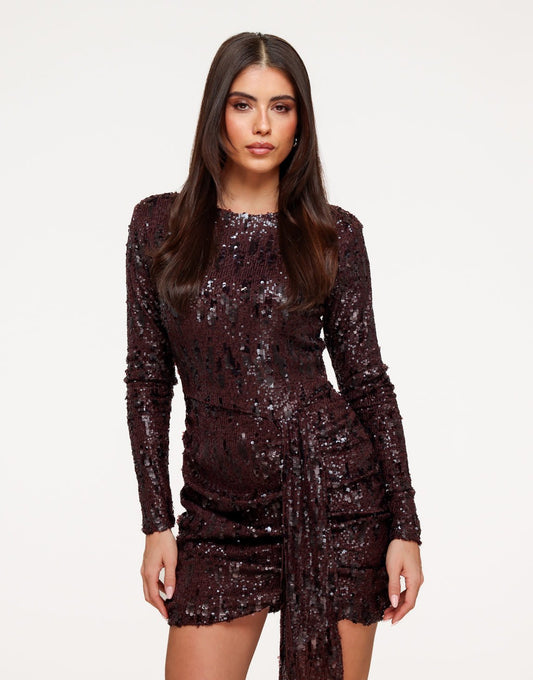 Donkerbruine Kleine Pailletten Gedrapeerde - Jurk - Olivia & Kate