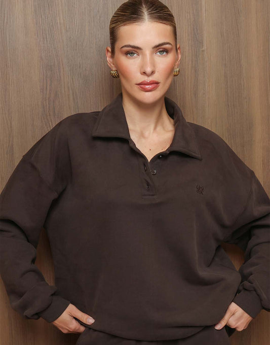 Donkerbruine Knopen LS Jogging - Trui - Olivia & Kate