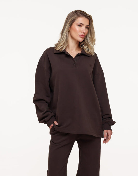 Donkerbruine Knopen LS Jogging - Trui - Olivia & Kate