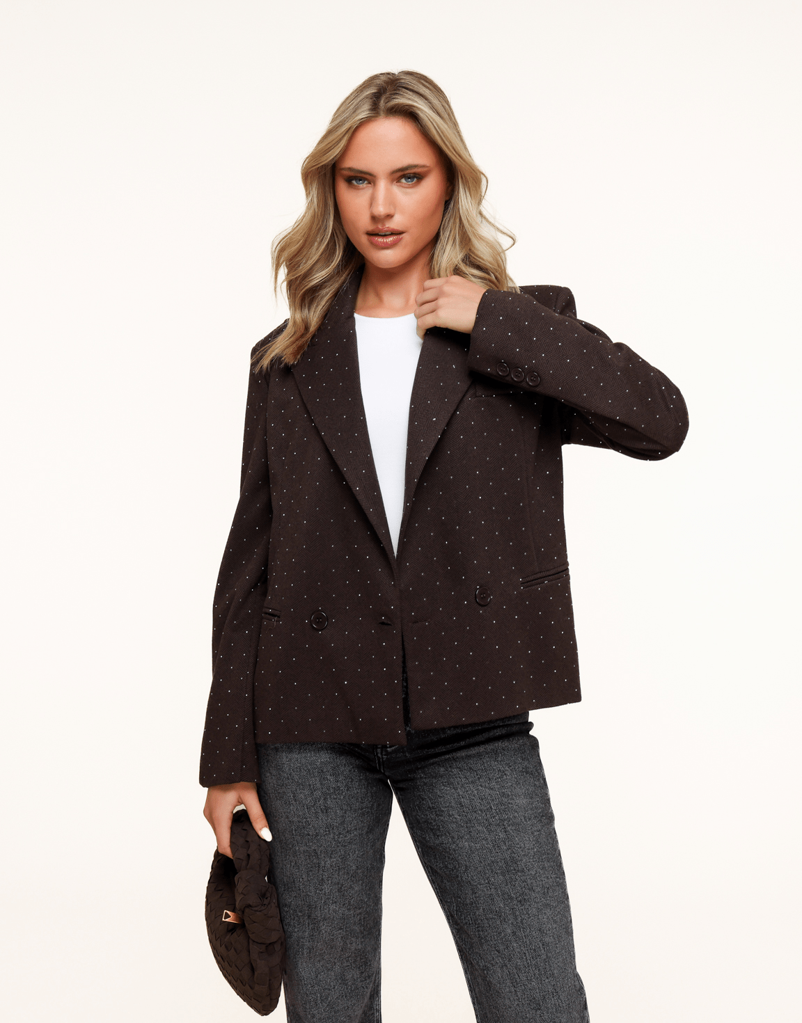 Donkerbruine Korte Ruiten Glitter Stenen - Blazer - Olivia & Kate