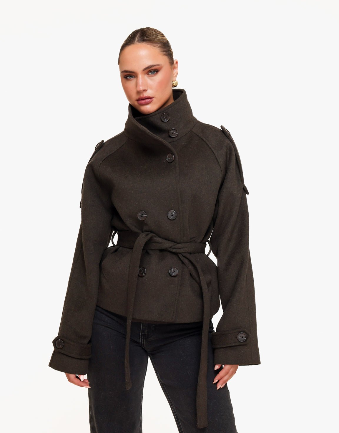 Donkerbruine Korte Wollen Trench - Jas - Olivia & Kate