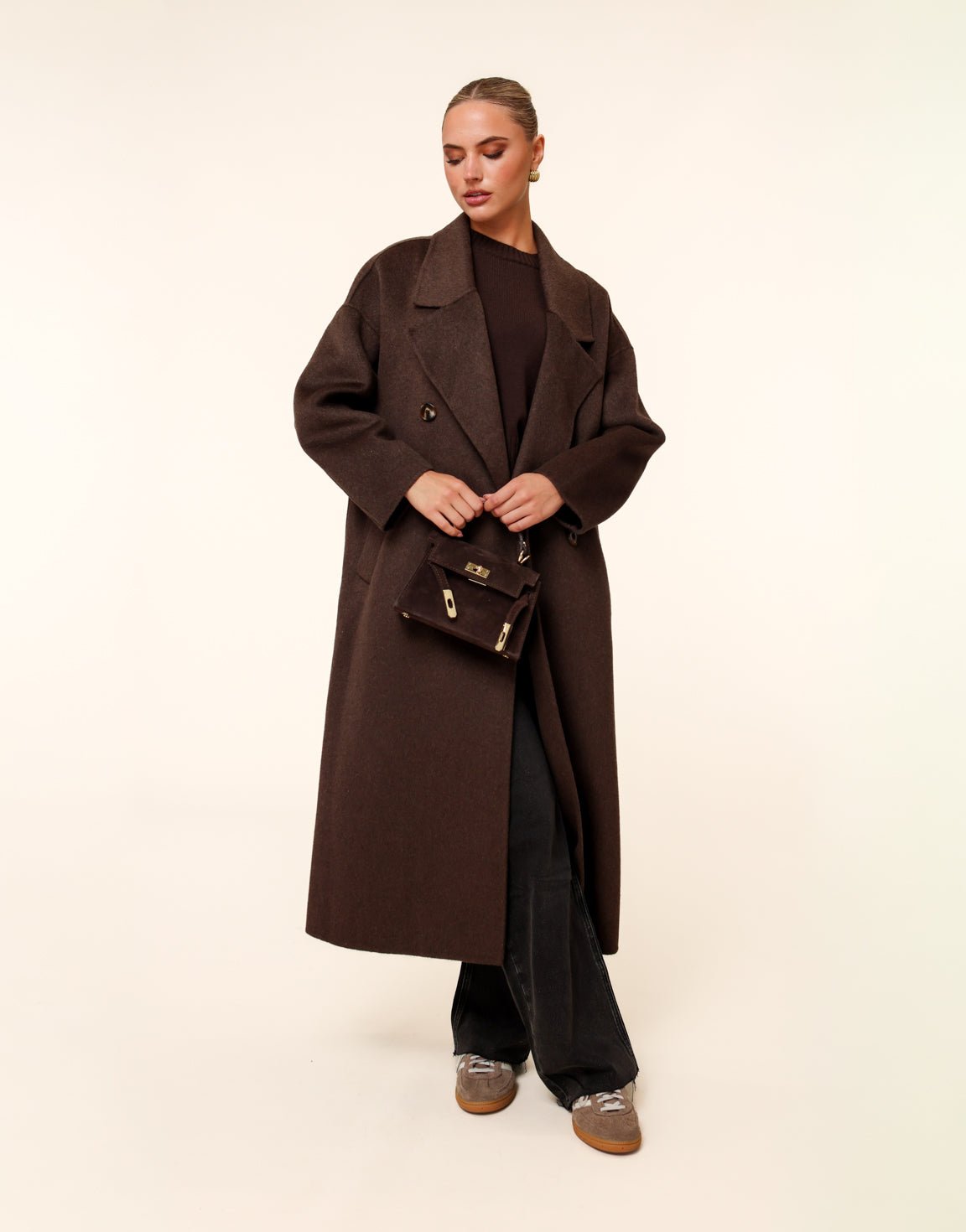 Donkerbruine Lange Coat - Jas - Olivia & Kate