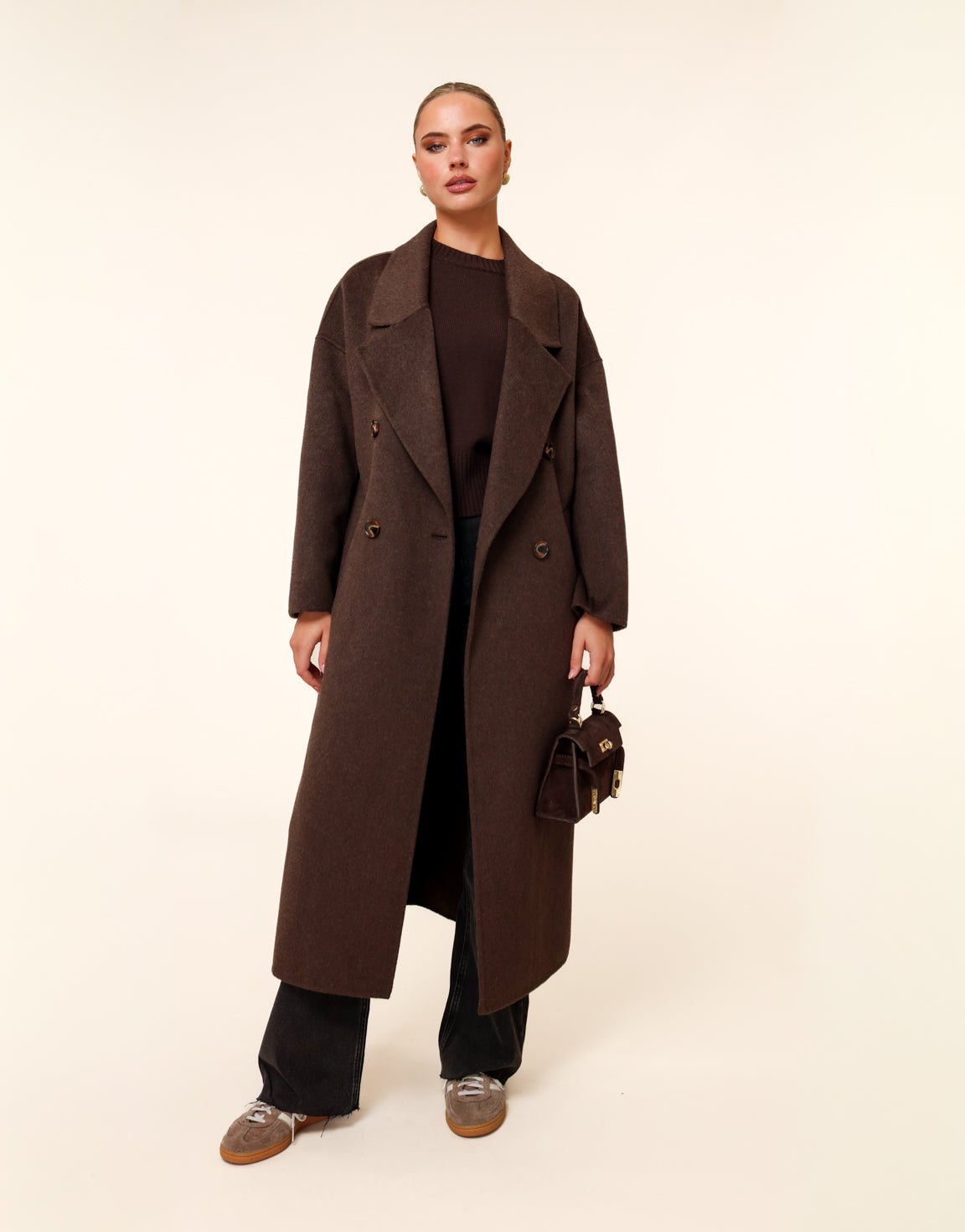 Donkerbruine Lange Coat - Jas - Olivia & Kate