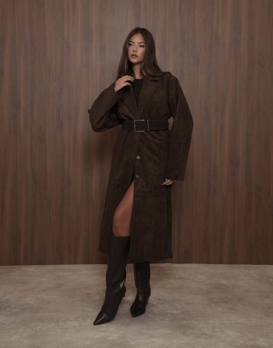 Donkerbruine Lange Suede - Jas - Olivia & Kate