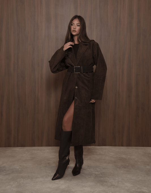 Donkerbruine Lange Suede - Jas - Olivia & Kate