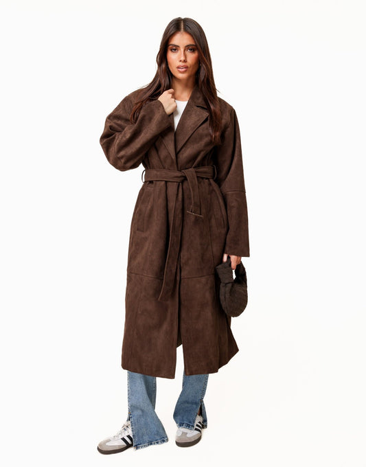 Donkerbruine Lange Suede - Jas - Olivia & Kate