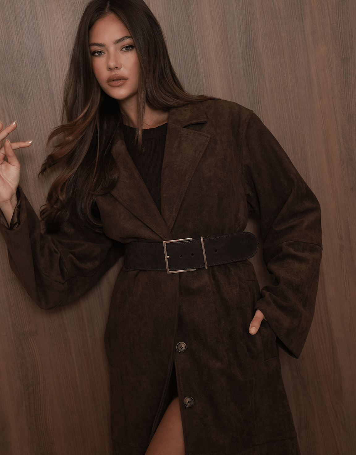 Donkerbruine Lange Suede - Jas - Olivia & Kate