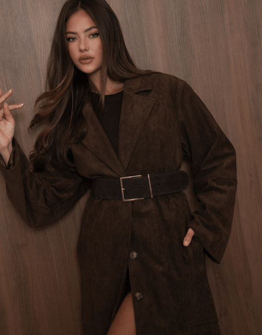 Donkerbruine Lange Suede - Jas - Olivia & Kate