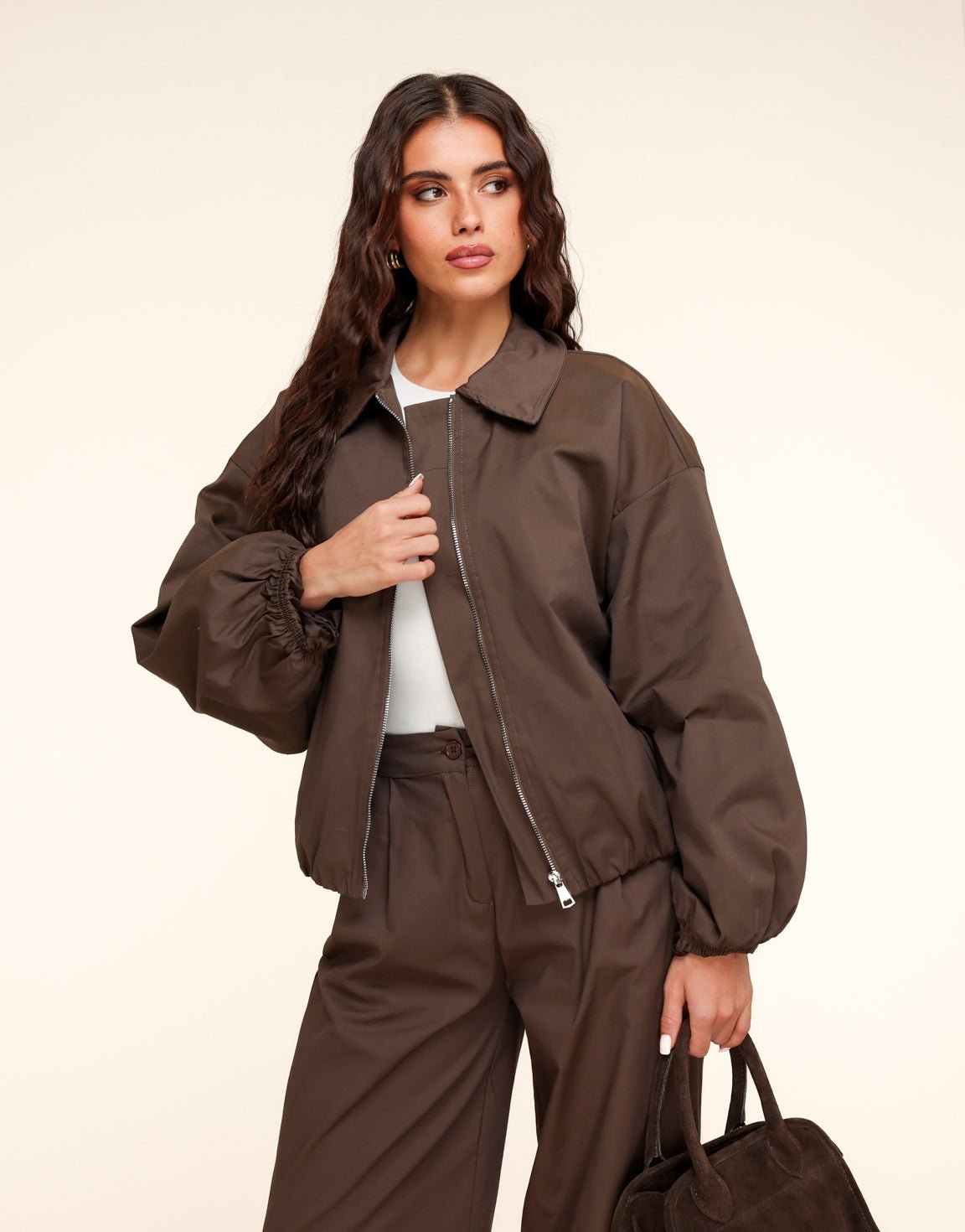 Donkerbruine Lange Wijde Bomber - Set - Olivia & Kate