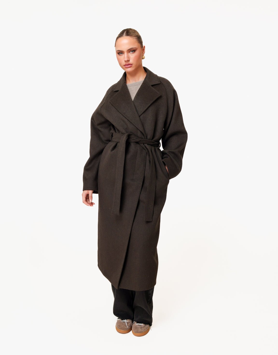 Donkerbruine Lange Wollen Ceintuur - Jas - Olivia & Kate