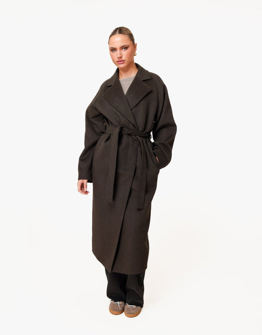 Donkerbruine Lange Wollen Ceintuur - Jas - Olivia & Kate