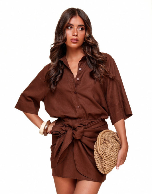 Donkerbruine Linnen SS - Blouse - Olivia & Kate