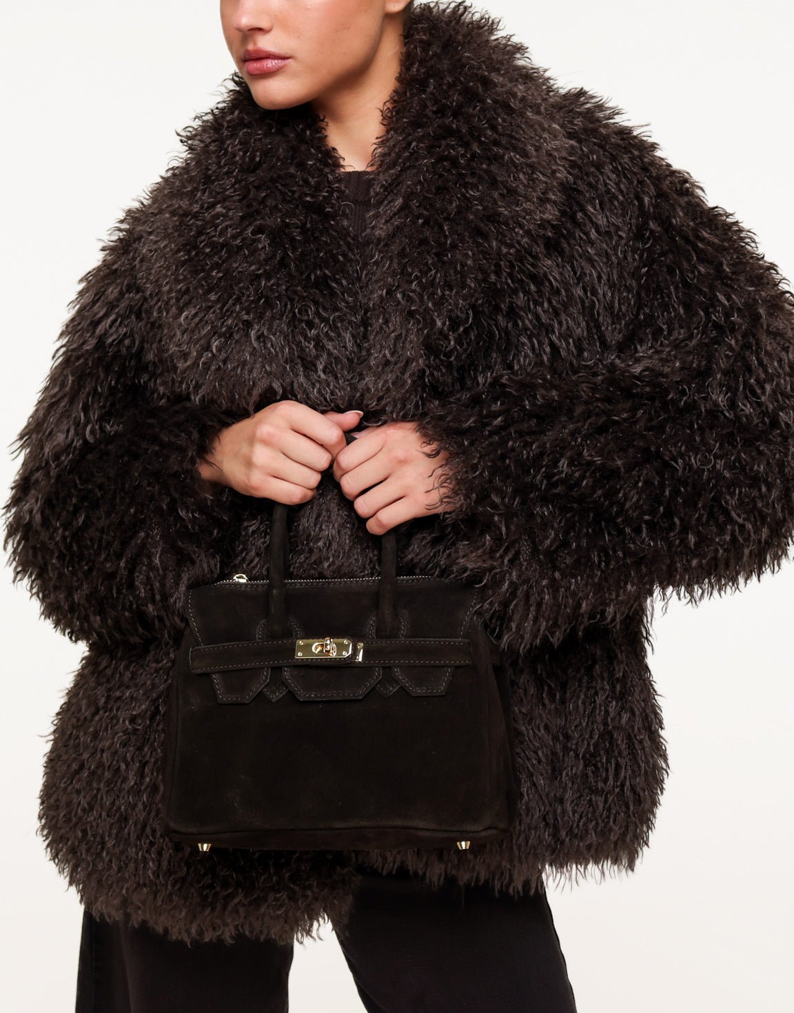 Donkerbruine Middel Suede Gouden Detail - Tas - Olivia & Kate