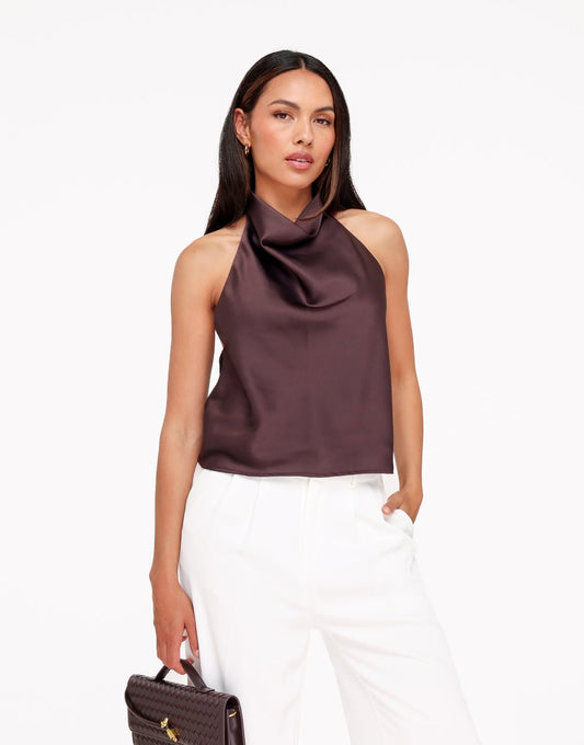 Donkerbruine Mouwloze Satijnen Hals - Top - Olivia & Kate