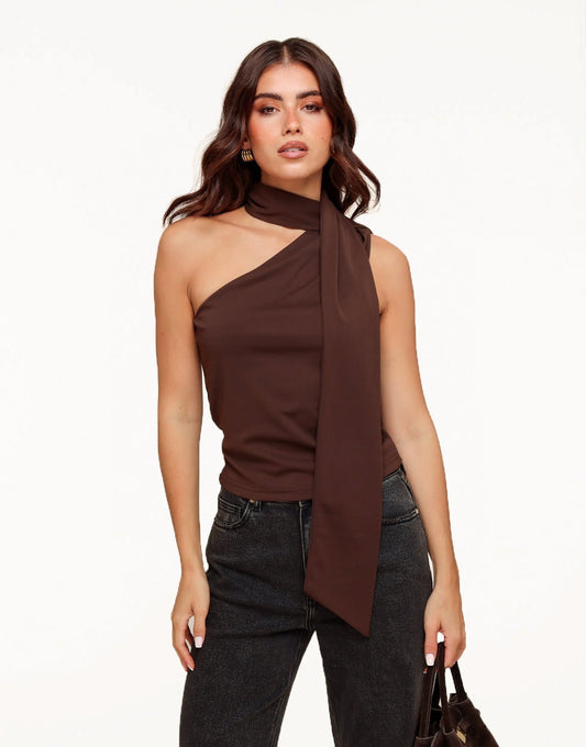 Donkerbruine One Shoulder Sjaal Detail - Top - Olivia & Kate